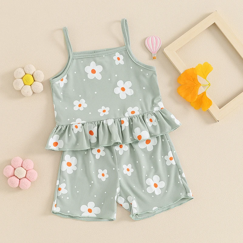 

Летний комплект из 2 предметов для маленьких девочек, топ на бретельках с цветочным принтом и оборками, с эластичным поясом и шорты