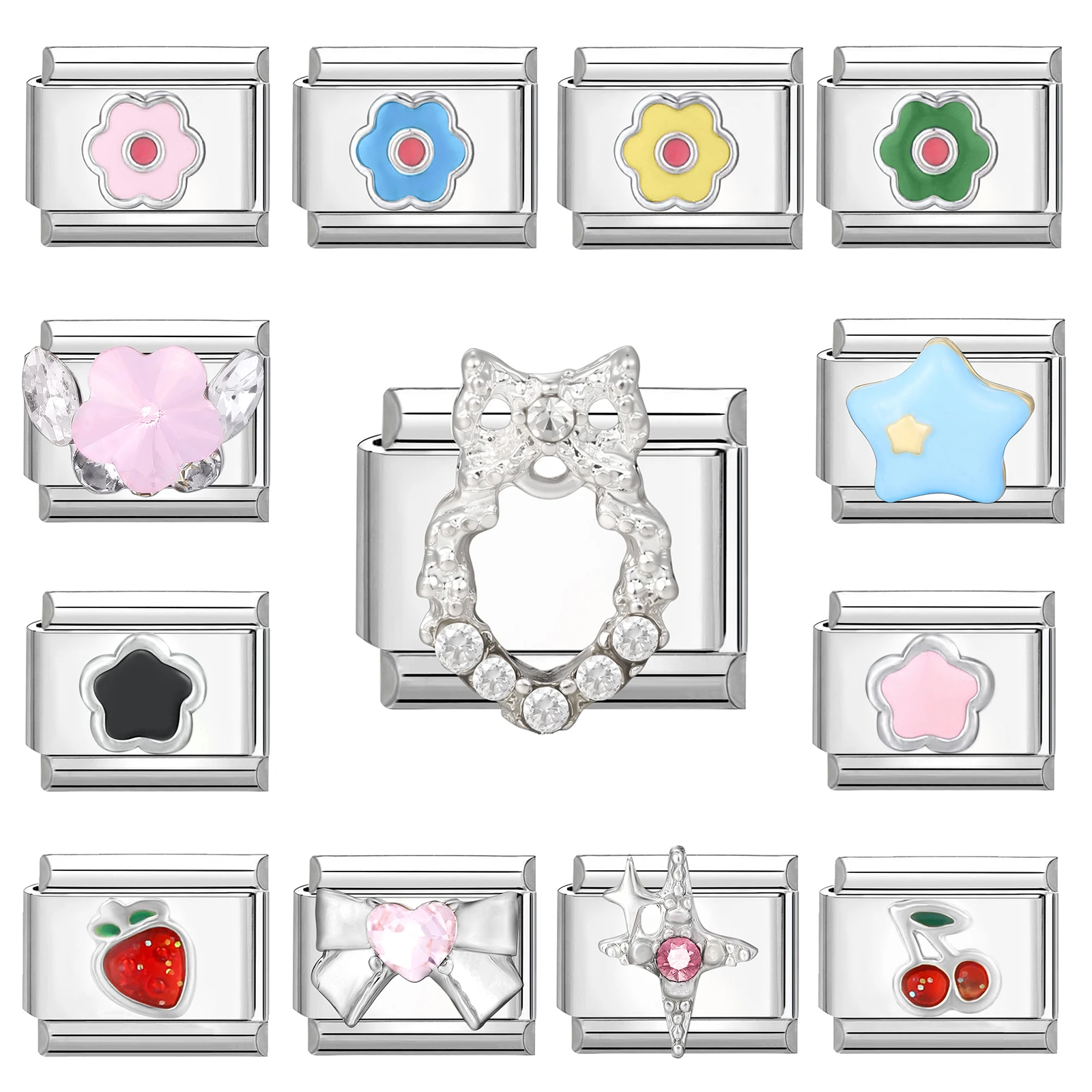 Glänzender Zirkon, Stern, Herz, Schleife, Mond, Kirschmond, italienische Charm-Verbindungen, passend für 9 mm Edelstahl-Armbänder, Damenschmuck, DIY-Herstellung von Geschenken