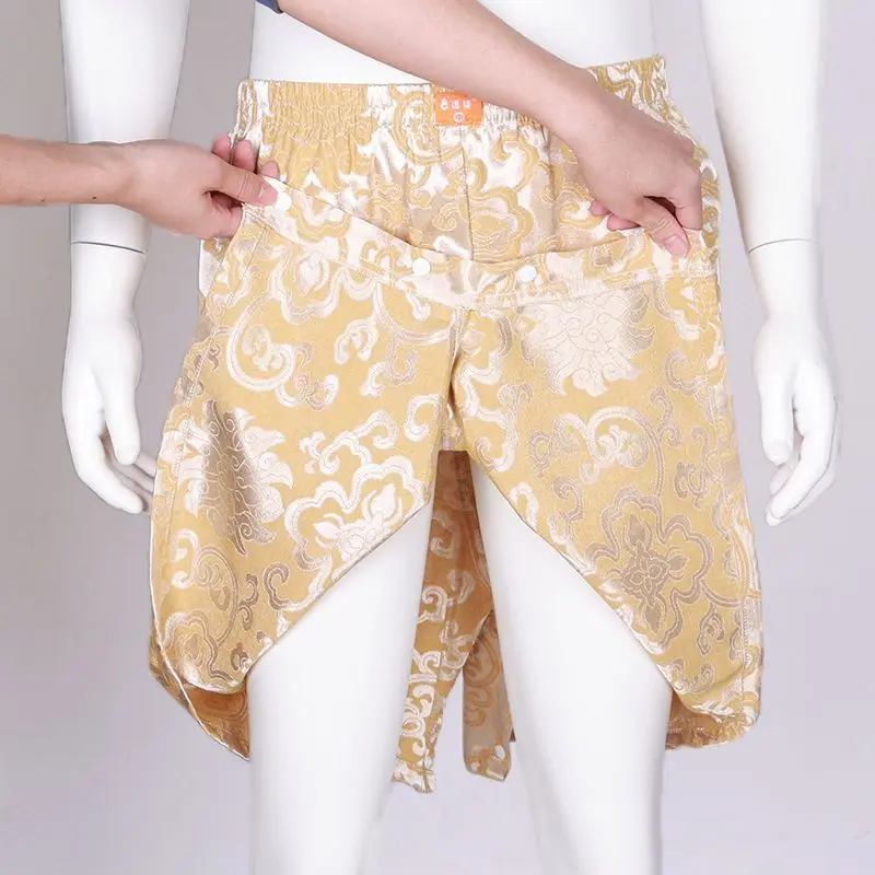 Summer High Split Men's Ice Silk Floral Print Satin Glossy Shorts Male Plus Size Casual Sleeping Shorts Bottoms