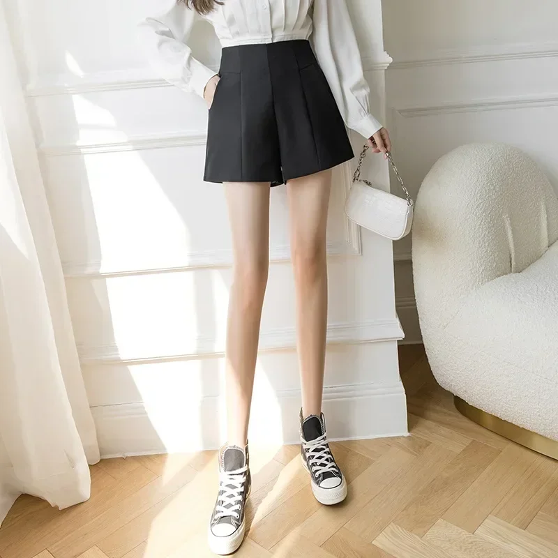 Summer Black Suit Shorts Women Casual High Waist Loose Shorts Office Lady Outwear Suit Shorts Wide Leg A-line Basic Short Pants