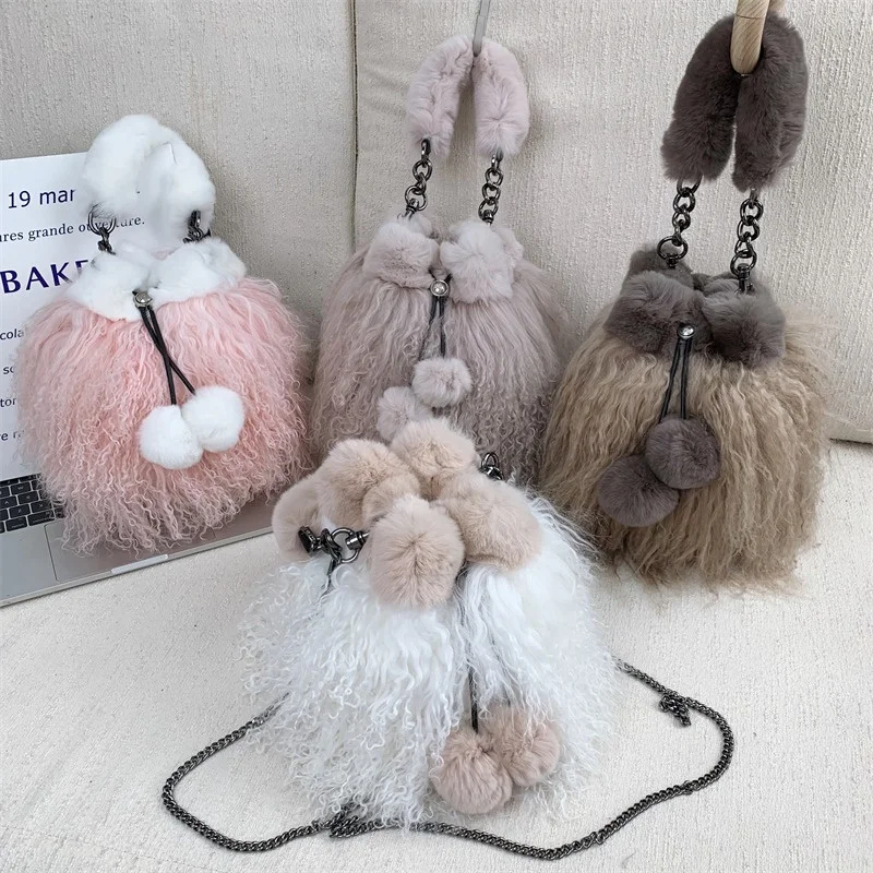 Ladies New Solid Color Fur Bag Beach Wool Fur Spliced Rabbit Hair Tote Bag Temperament Ladies Large Capacity Bucket Bag