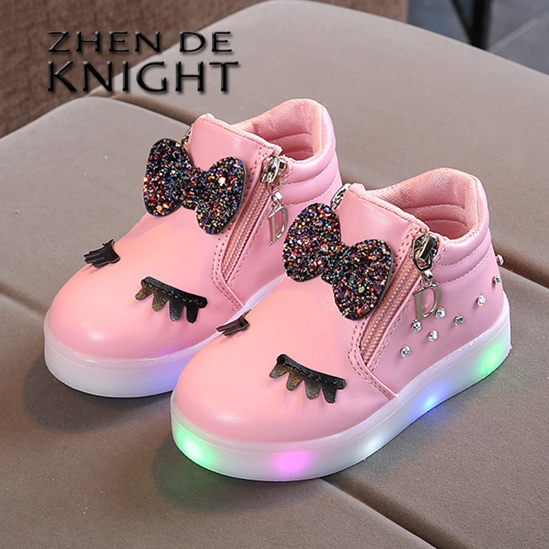Size 21-30 Children Glowing Sneakers Kid Princess Bow for Girls LED Shoes Luminous Shoes Cute Baby Sneakers with Light