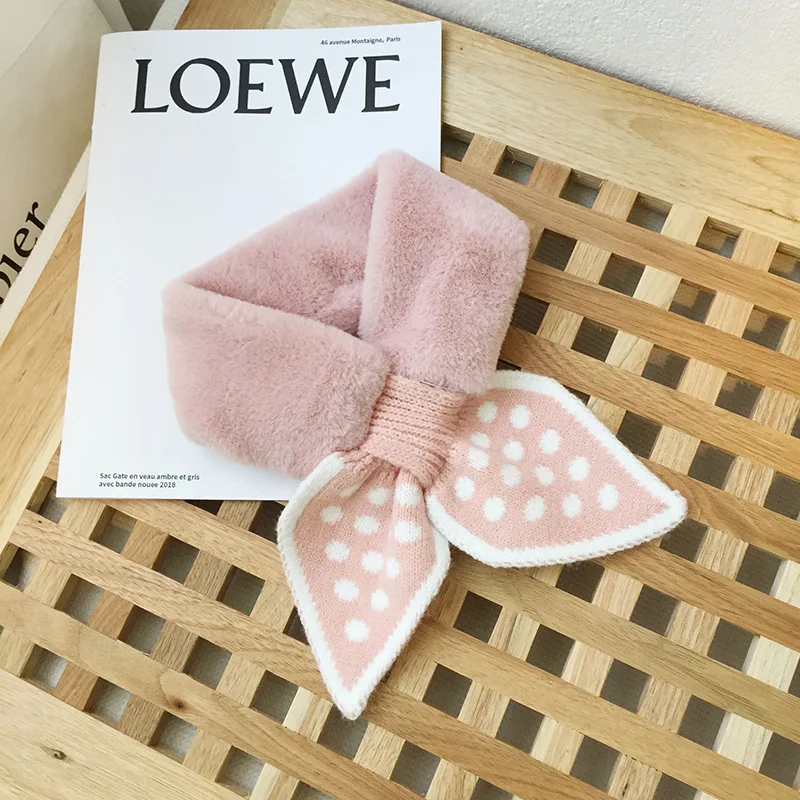 Autumn Winter Children's Dot Bear Scarf Baby Cold Proof Collar Plush Warmth Cute Solid Hair Knitted Fish Tail Cross Bib P07