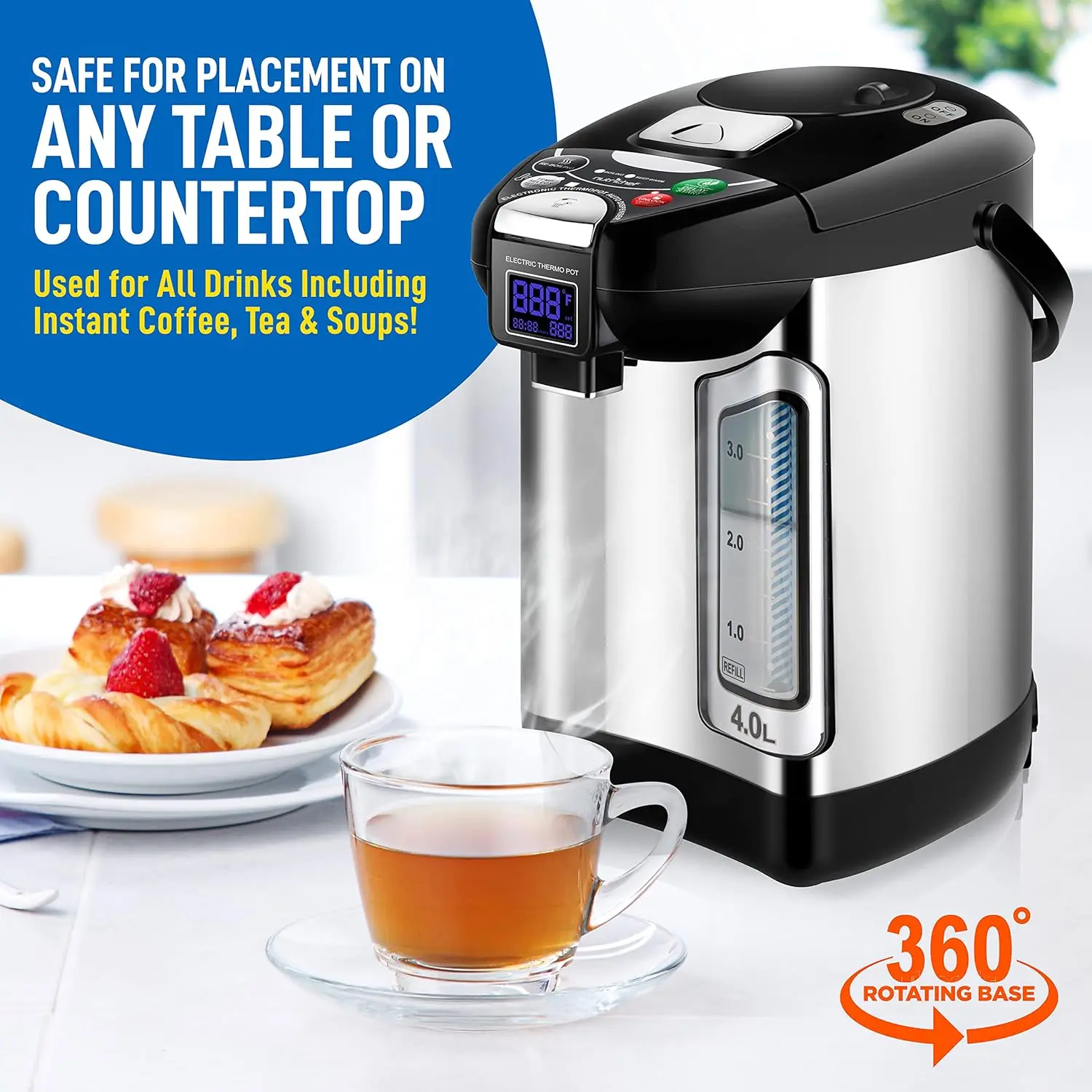Digital Water Boiler and Warmer-4L/4.23 Qt Stainless Electric Hot Water Dispenser w/ LCD Display, Rotating Base, Keep Warm, Au