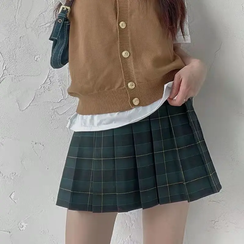 New Women Fashion Street Style Plus Size Vintage High Waist Yellow Mini Plaid Pleated Skirt A-Line Short Skirt With LiningXS-5XL black tennis skirt