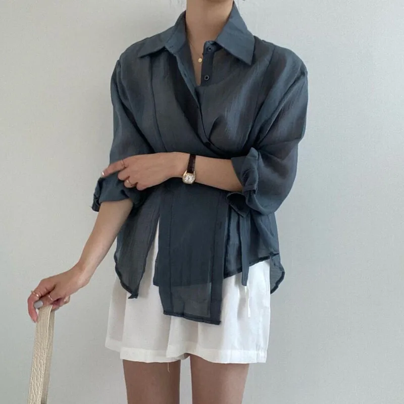 선 스크린 여성 셔츠 세련된 느슨한 긴 소매 블라우스 2024 패션 캐주얼 버튼 셔츠 탑 Office Lady Elegant Clothing 15674