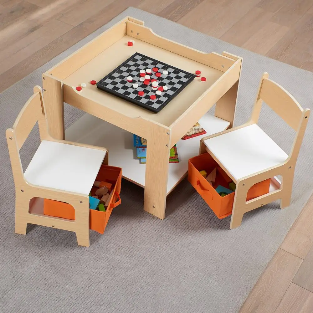 Kids 3 Piece Wooden Table and Chair Set Multifunctional Storage Whiteboard Chalkboard Pull Out Storage Play Art Craft 5