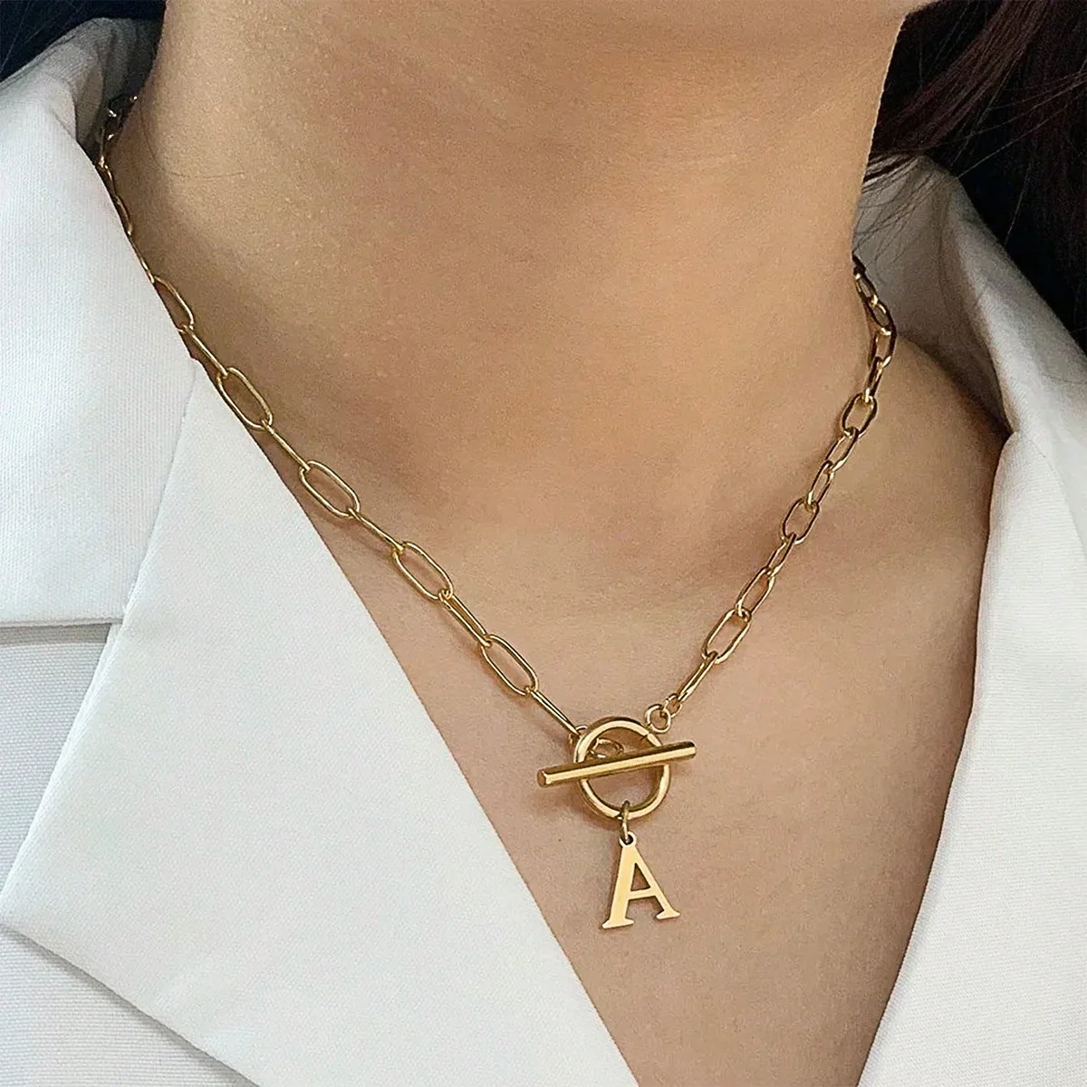 English Letter Initial Necklace 18K Gold Plated Stainless Steel OT Clasp Paper Clip Chain Necklace for Women