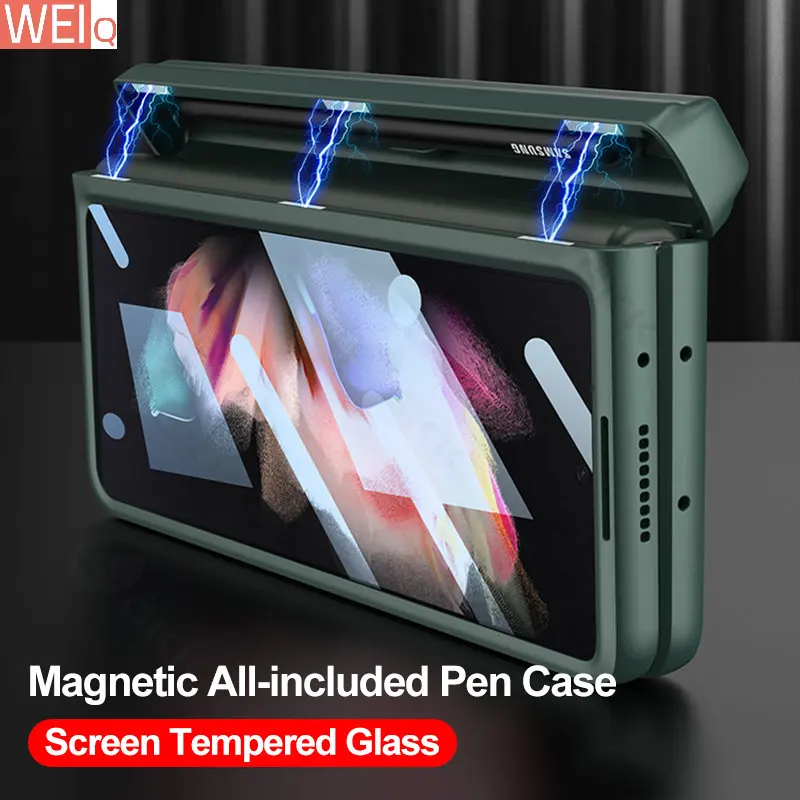 

Чехол с магнитным шарниром и слотом для ручки для Samsung Galaxy Z Fold 3, чехол для экрана из закаленного стекла для Galaxy Z Fold3 4, чехол ZFOLD3