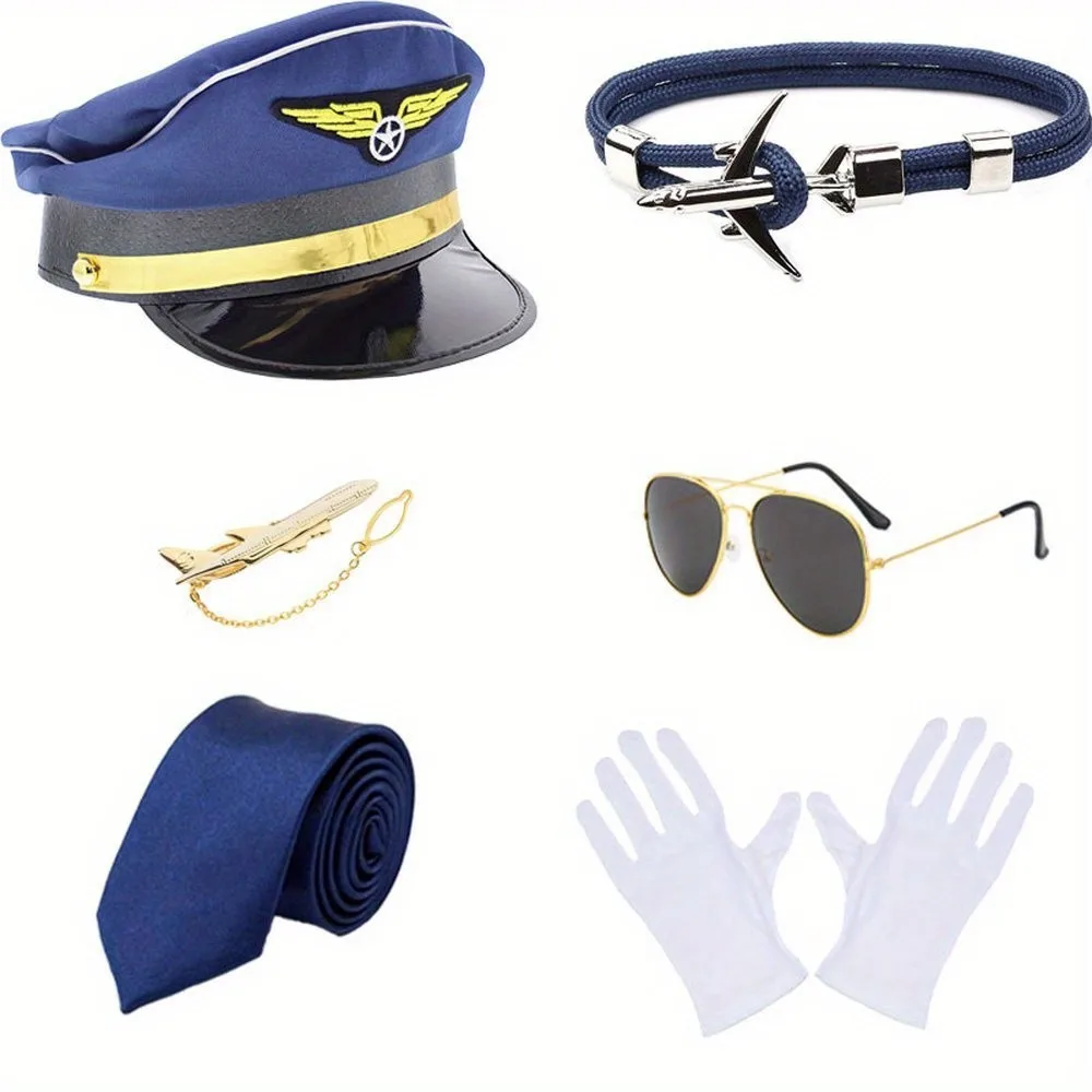 Pilot Captain Costume Accessorie hat tie white gloves 6-piece men's cosplay party