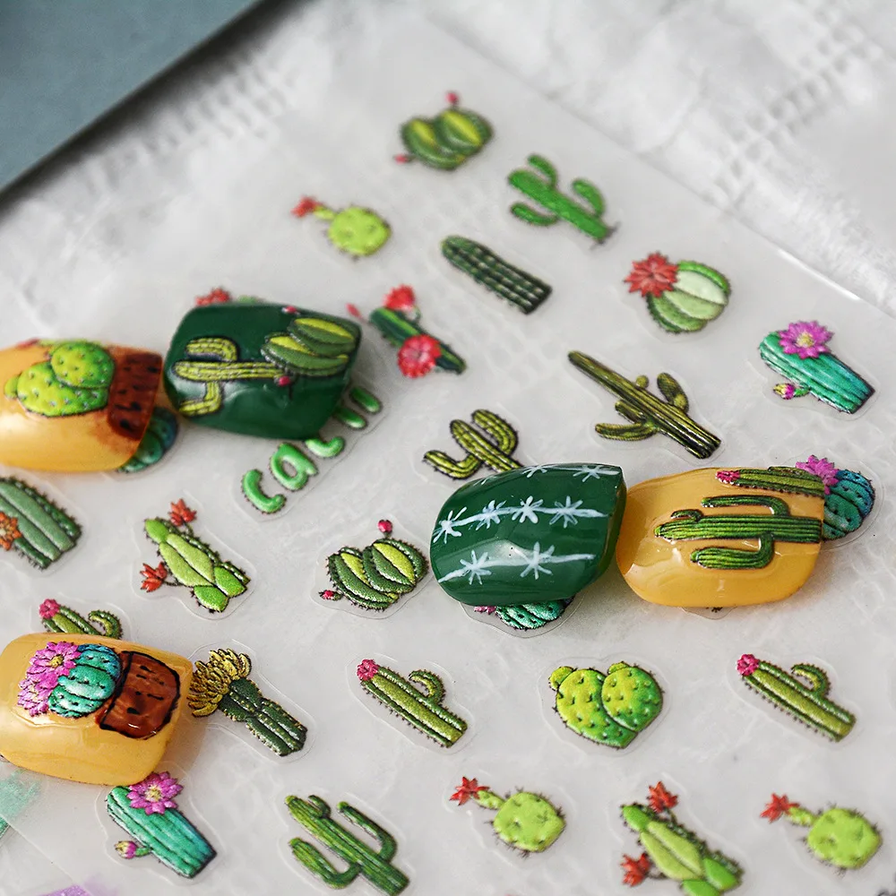Green Colored Vivid Cactus Succulents Plants Series 3D Self Adhesive Nail Art Decoration Sticker DIY Manicure Decals Woman