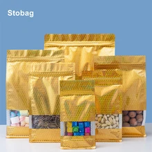 

StoBag 50pcs Golden Laser Film Food Packaging Ziplock Bag With Window Sealed Storage Candy Grains Tea Nuts Dried Fruit Favors