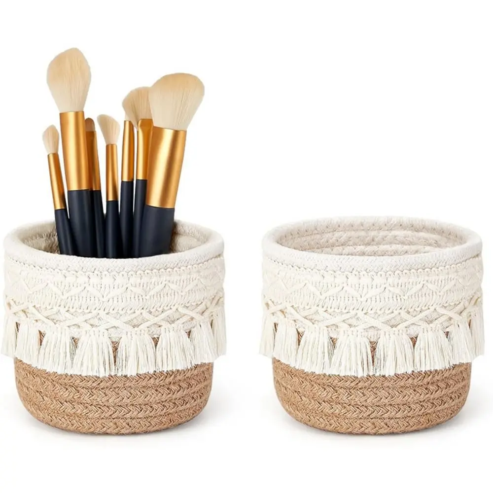 Tassels Desktop Storage Basket White Coffee Weaving Sundries Organizer Basket Photo Props Round Snacks Box Home Decoration