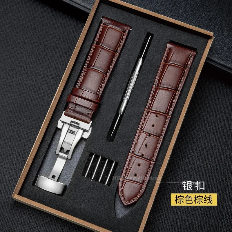 Premium Leather Watchband with Metal Butterfly Clasp - Unisex Strap with Gift Box