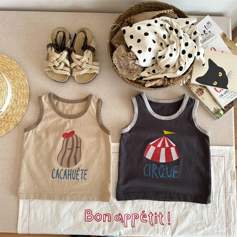 Summer Baby Girls Boys Cami Toddler Sleeveless Vest Kids Cartoon Print Top Tees Children's Clothing Korean Style