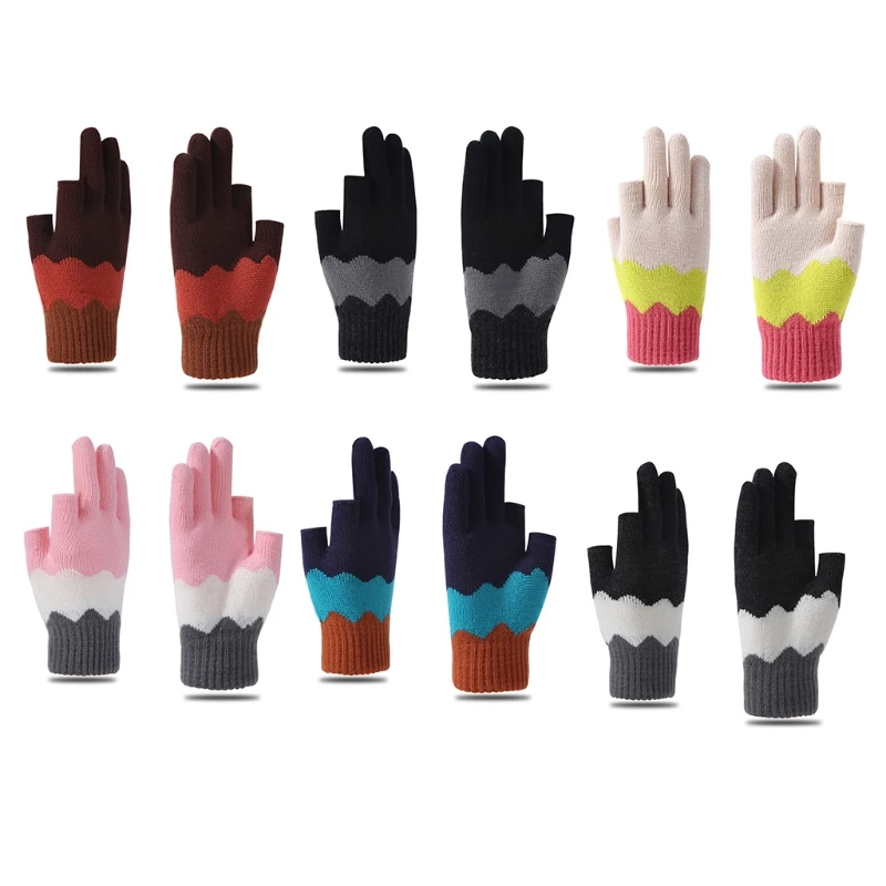 

Color Matching Printed Pattern Gloves Winter Warm Half Finger Touchscreen Gloves