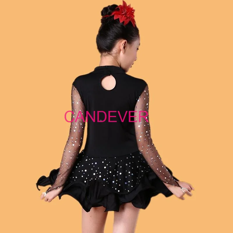 prodessional latin dance dress for girls Line Long Sleeve Lace Ballroom Dancing Salsa Samba Tango Standard Costume Kids Child