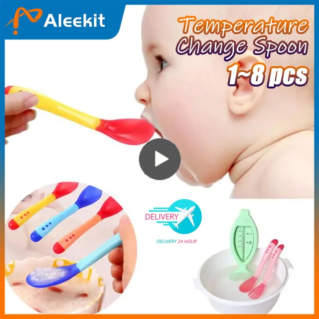 Cucharas de silicona para alimentación de bebé, cuchara impermeable con  detección de temperatura, adecuada para niños - AliExpress