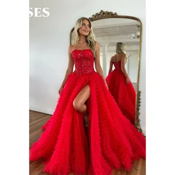 ROSES Tiered Layer A Line Party Dresses Red Net Prom Dress Side Split Shining Robe De Soirée Spaghetti Strap Women Evening Dress 1