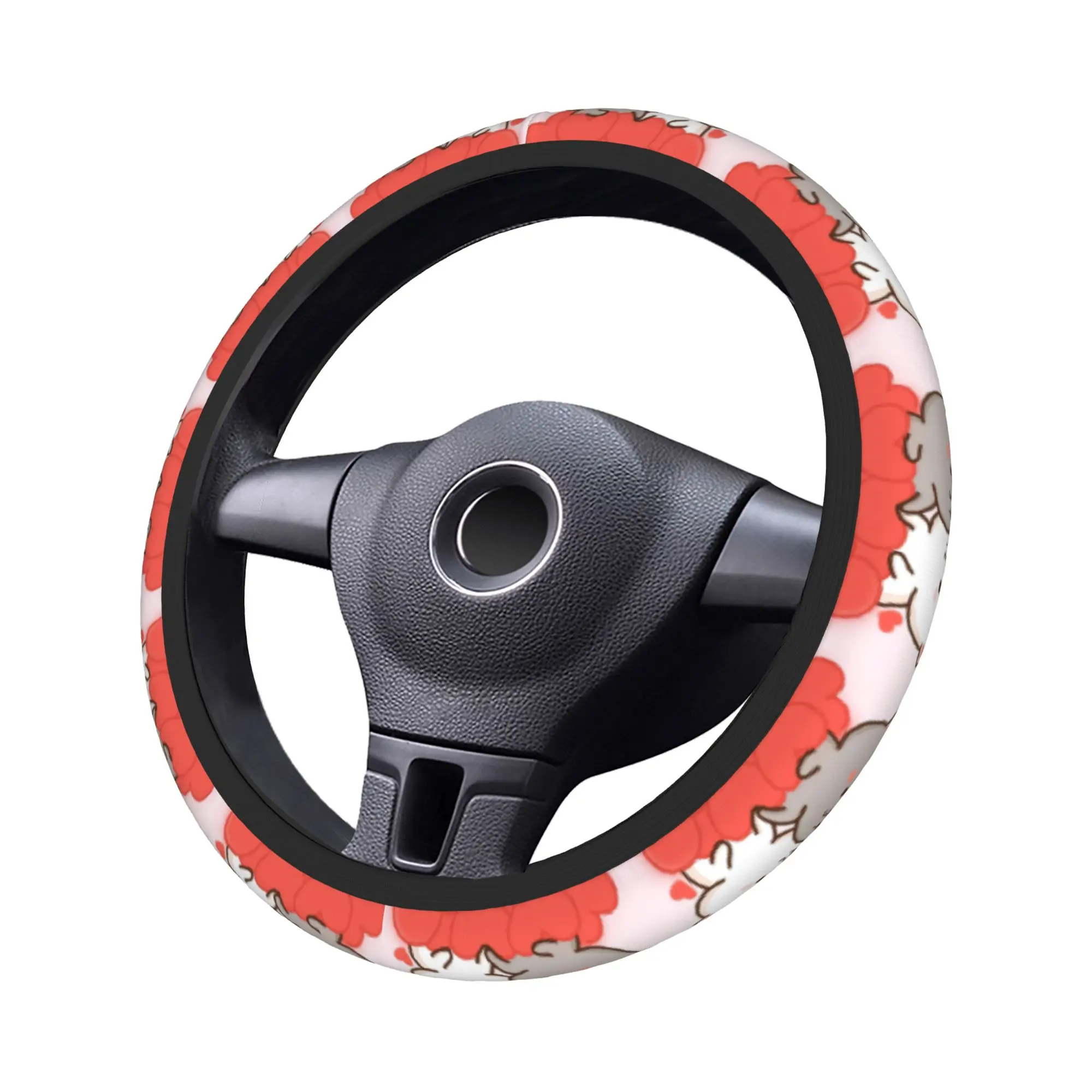Pink Love Peach & Cartoon Cat Steering Wheel Cover - Auto Car Accessory