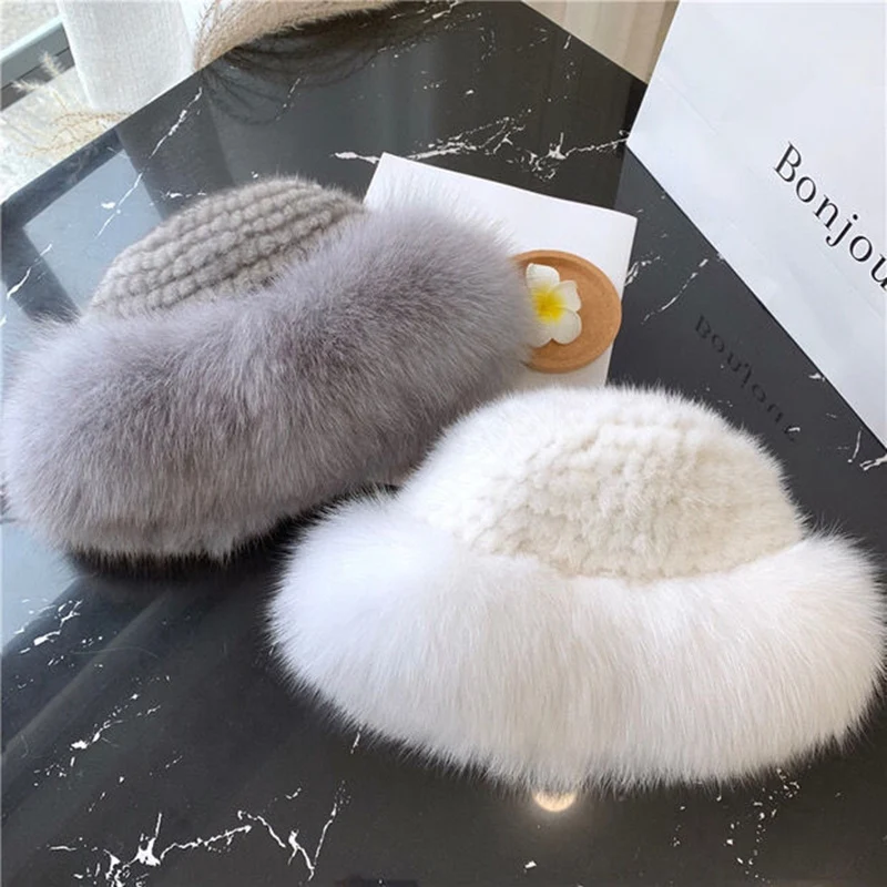 

Real Fur Hat Winter for Women's Cap Natural Mink Fur with Fox fur Beanies Luxury Russian Sun Knitting Bucket Hat Bonnets Fashion