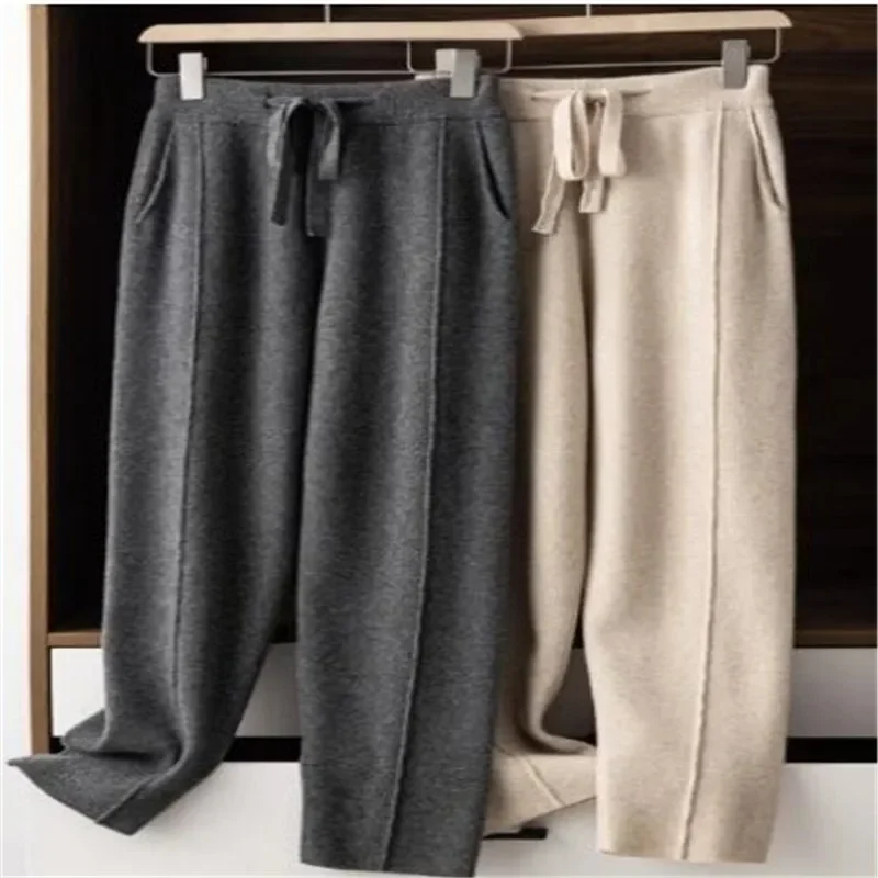 

Cashmere Sweatpants Women Autumn Winter 2023 New Fashion High Waisted Drawstring Pants Casual Knitted Harem Pants