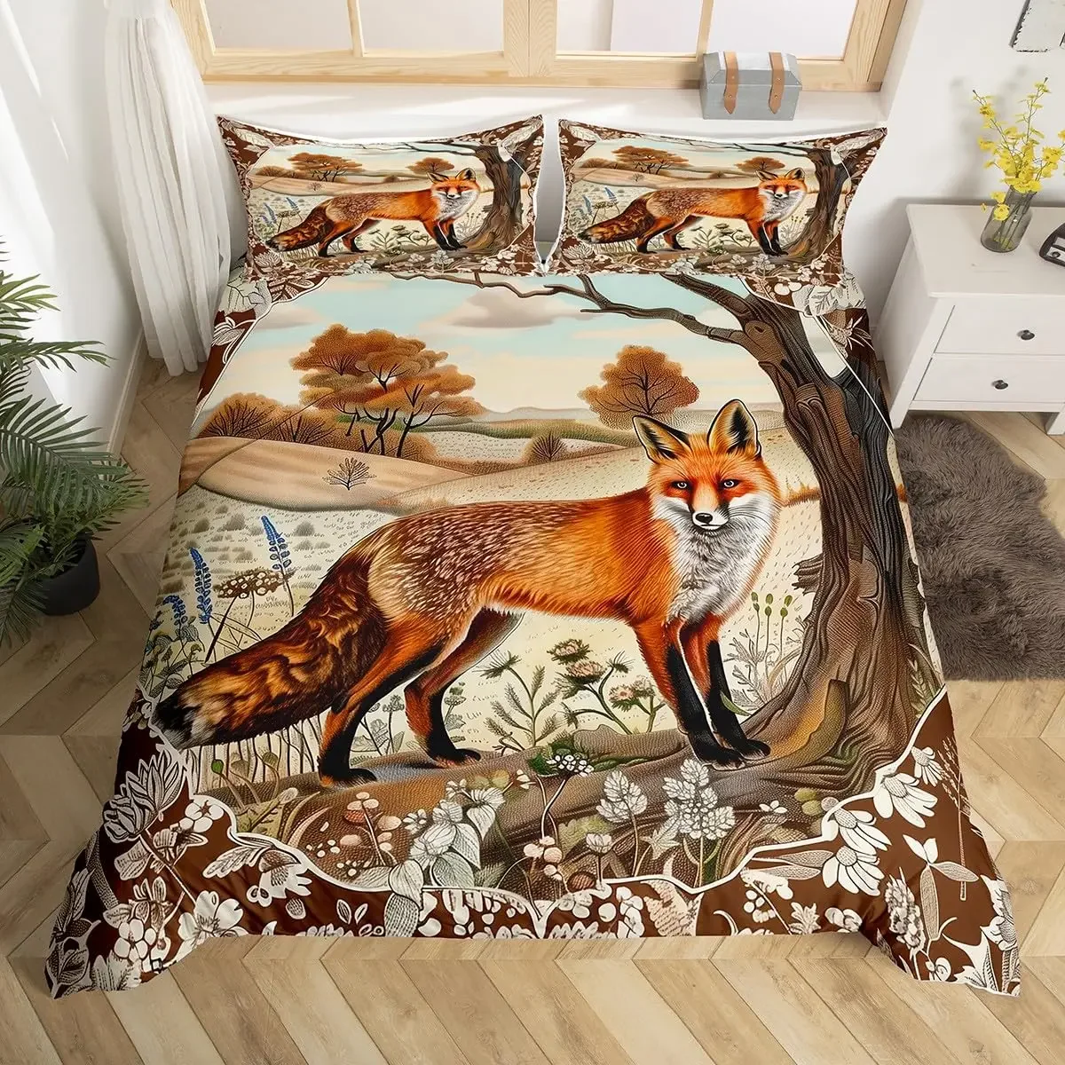 Kids Fox Bedding Set Toddler Natural Floral Comforter Cover Set for Boys Girls Blossom Flowers Pattern Duvet Cover