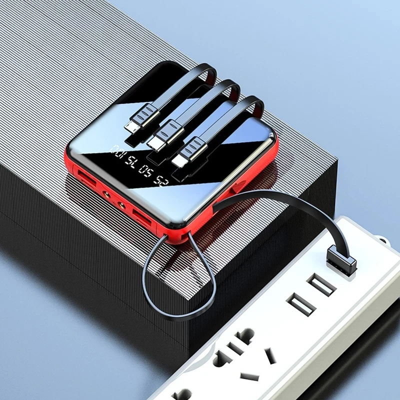 20000mAh 미니 파워뱅크 마이크로 USB 타입 C 케이블 휴대용 충전기 LED 미러 파워뱅크 외장 배터리 팩