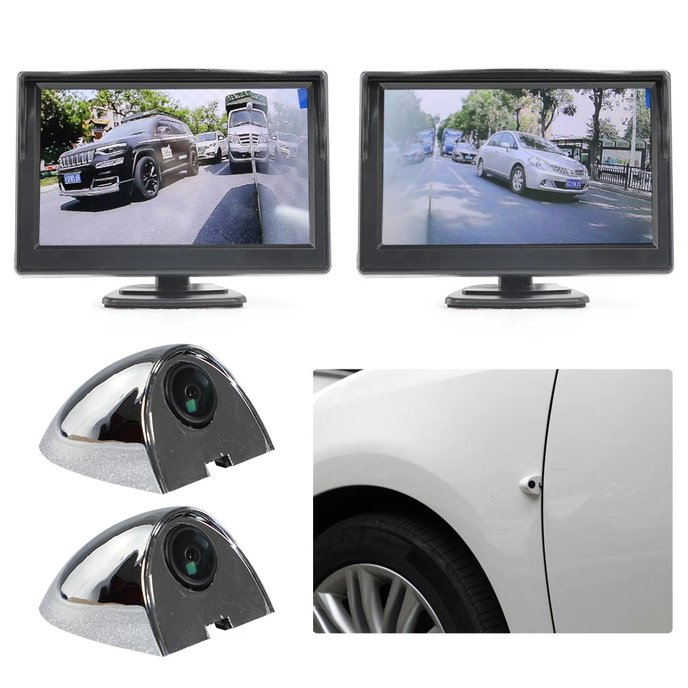 Carsanbo 5" Left and Right AHD Digital Side View Blind Spot Monitor Display with Two HD Black 720P Night Vision Side View Camera rear view mirror camera system Car Monitors