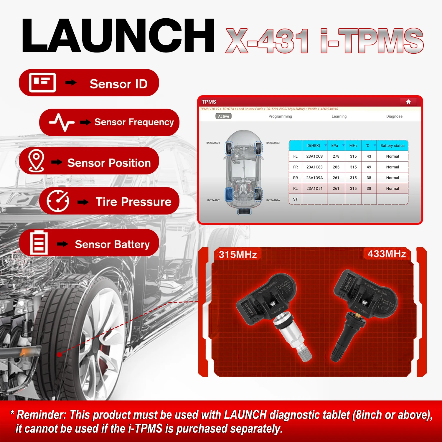 LAUNCH X431 i-TPMS 도구, 타이어 압력 센서 활성화 프로그래밍 진단 학습, 안드로이드 앱, X431 V +, 315MHz, 433MHz