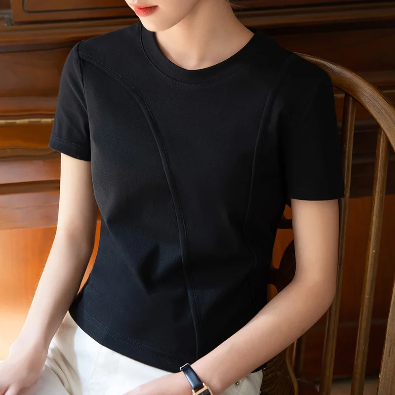 

J010 Short sleeve T-shirt women's summer 2023 new women's solid color round neck cotton shirt splicing short top