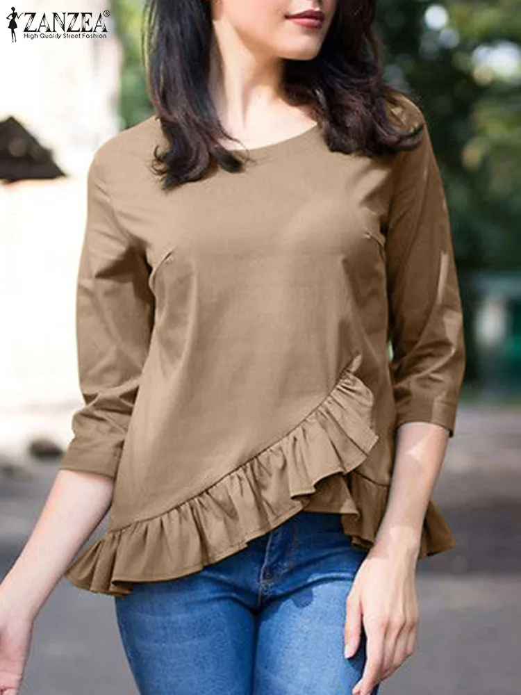 

Elegant Autumn OL Work Blouses ZANZEA Fashion Women 3/4 Sleeve Shirt Casual Baggy Tops Blusas Ruffled Solid Chemise Mujer 2023