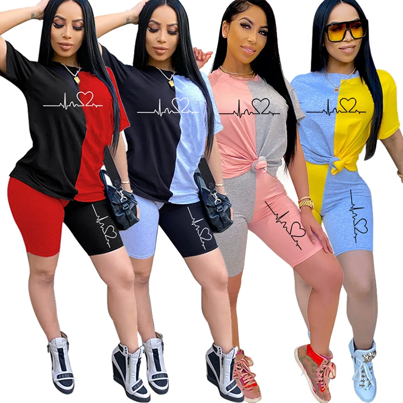 Women Sporting Casual ECG Print Two Piece Set Short Sleeve Tee Top Biker Shorts Above Knee Pants Suit Tracksuit Outfits