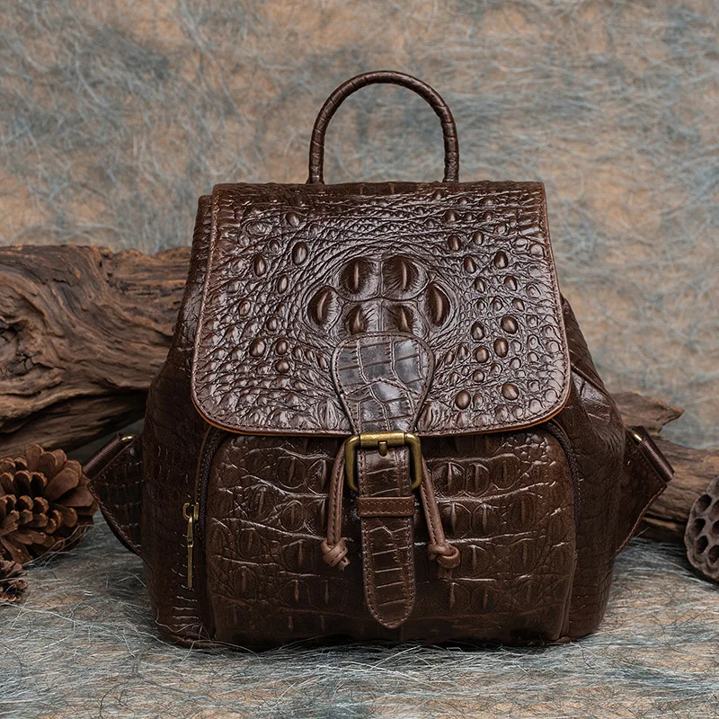 

Lady Crocodile Pattern Genuine Leather Backpack Chinese Style Retro Embossed Handmade Backpack Large Capacity Casual Travel Bag