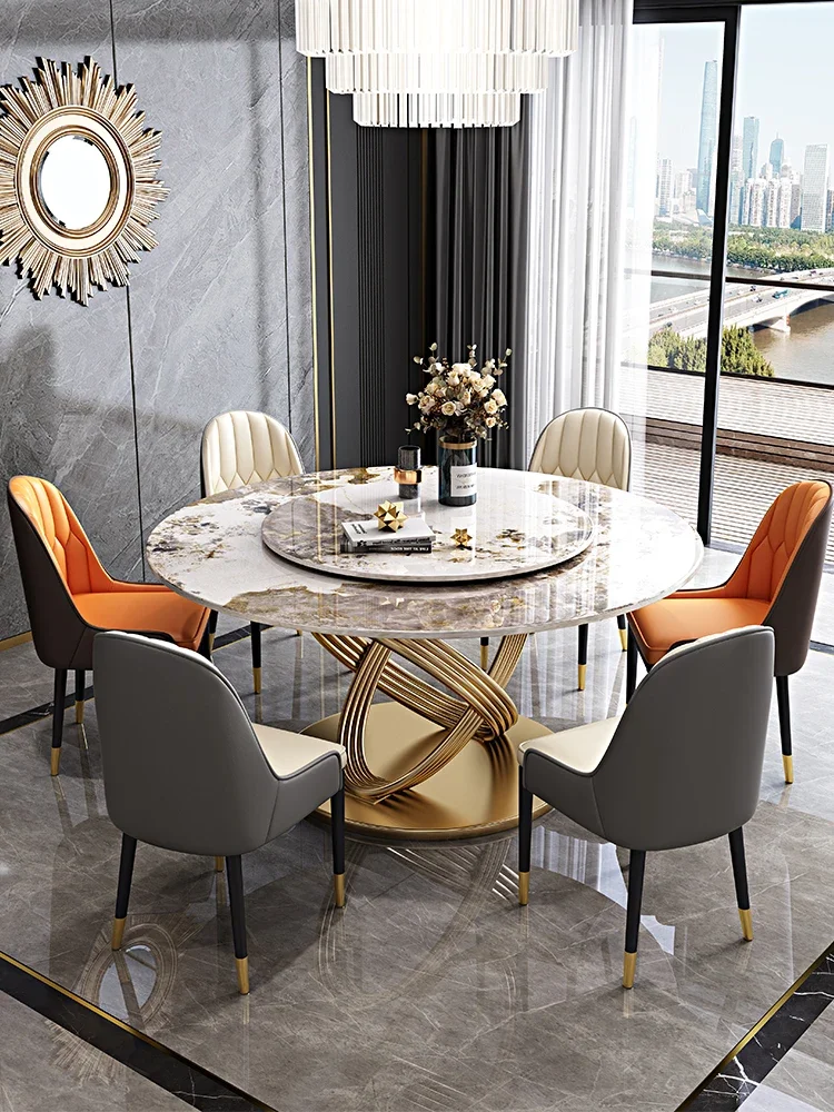 

Italian luxury rock table and chair combination Modern simple household small-sized round marble dining table with turntable