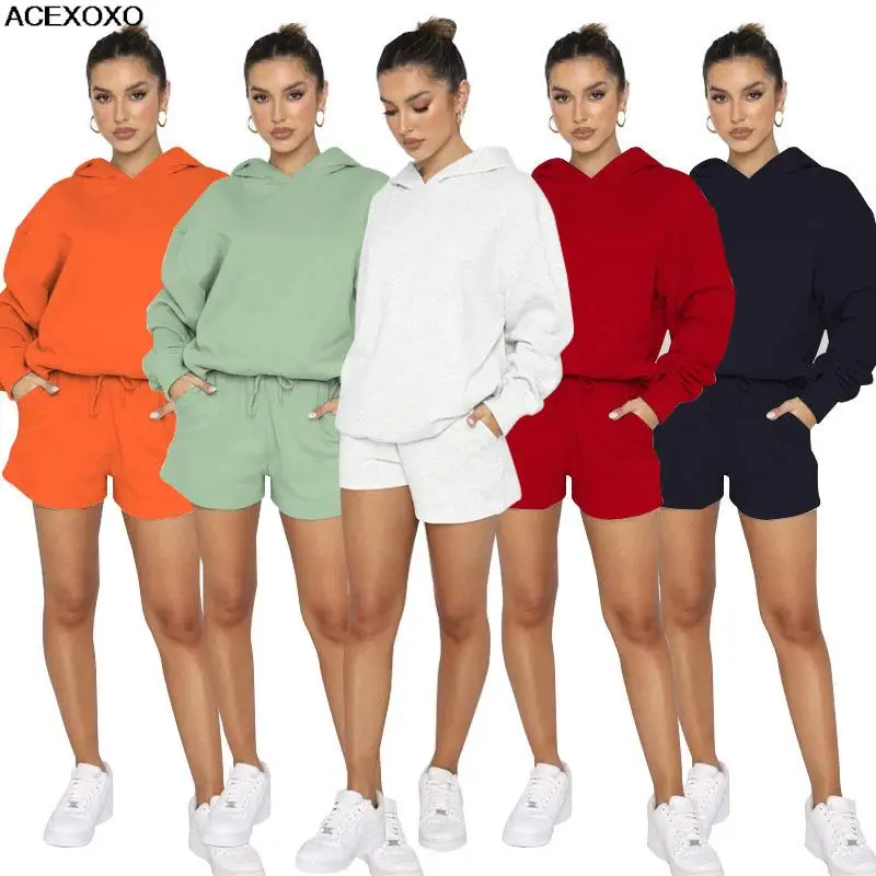 

New Europe and the United States autumn and winter solid color hooded long sleeve fleece haute couture casual pants suit