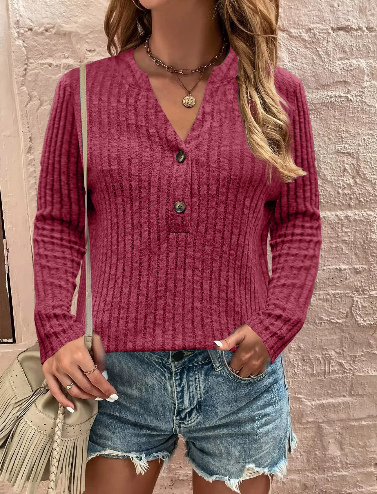 

Women's Casual Knitwear Top Pullover 2023 Autumn/Winter Lady Solid Brushed Button Long Sleeved Sweater