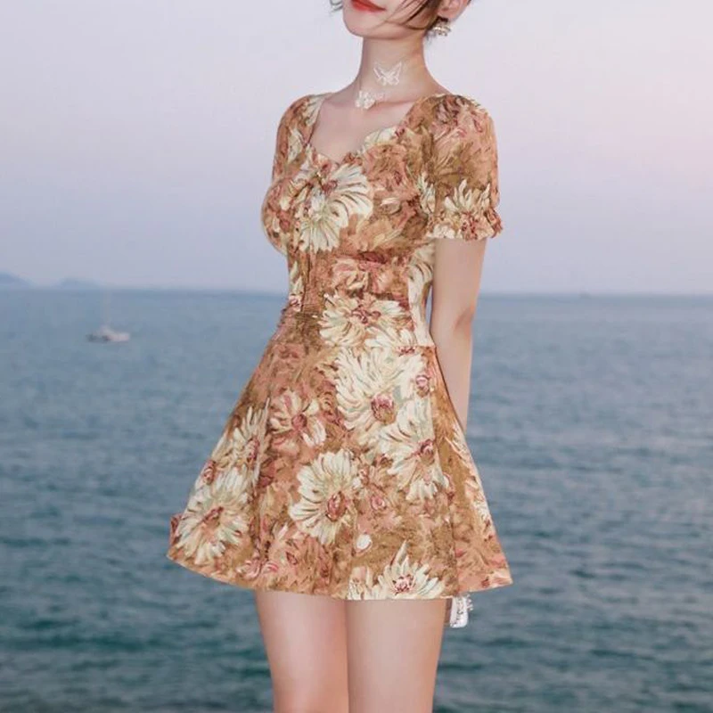 2023 Summer Women Floral Print Ruffle Lace Up One Piece Swimsuit Slim V Neck Short Sweet Sweet Push Up Mini Dress Beach Swimwear
