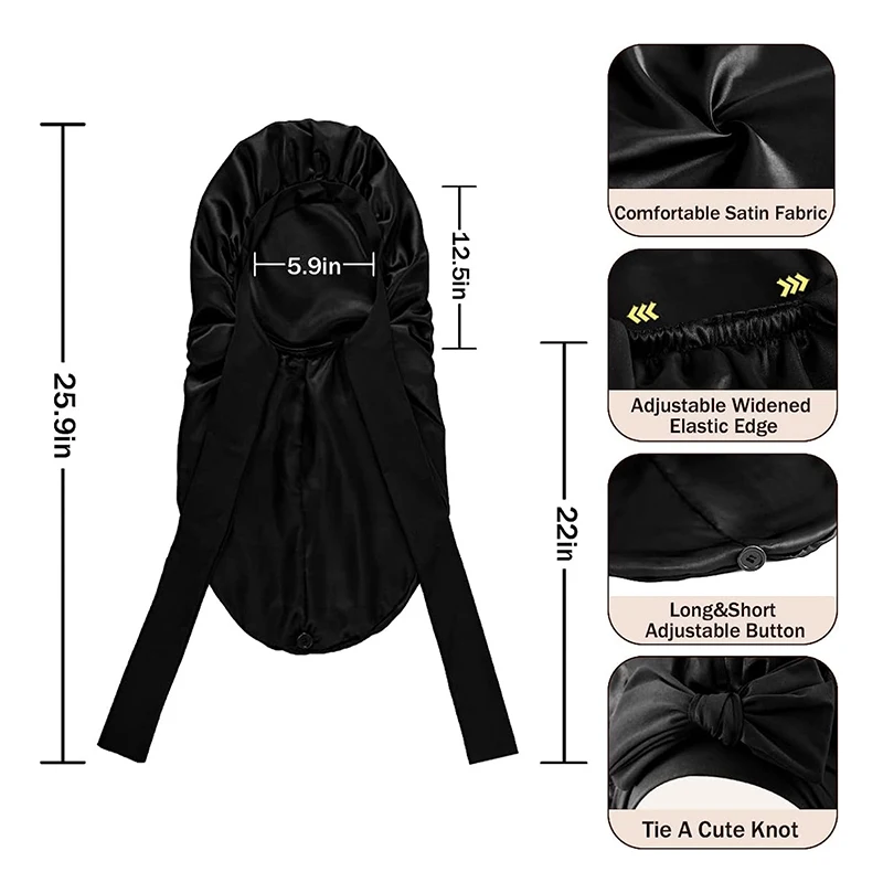 New Women Long Satin Bonnet Sleep Cap Silky Sleeping Cap with Wide Elastic Band Hair Care Curly Hair Natural Hair 5