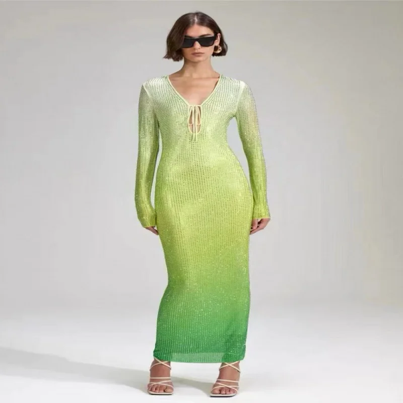 

Trendy Fashion Cross-Border New Hot Rhinestone Gradient Green Dress European and American Fashion Long Sleeve Deep V Party Dress