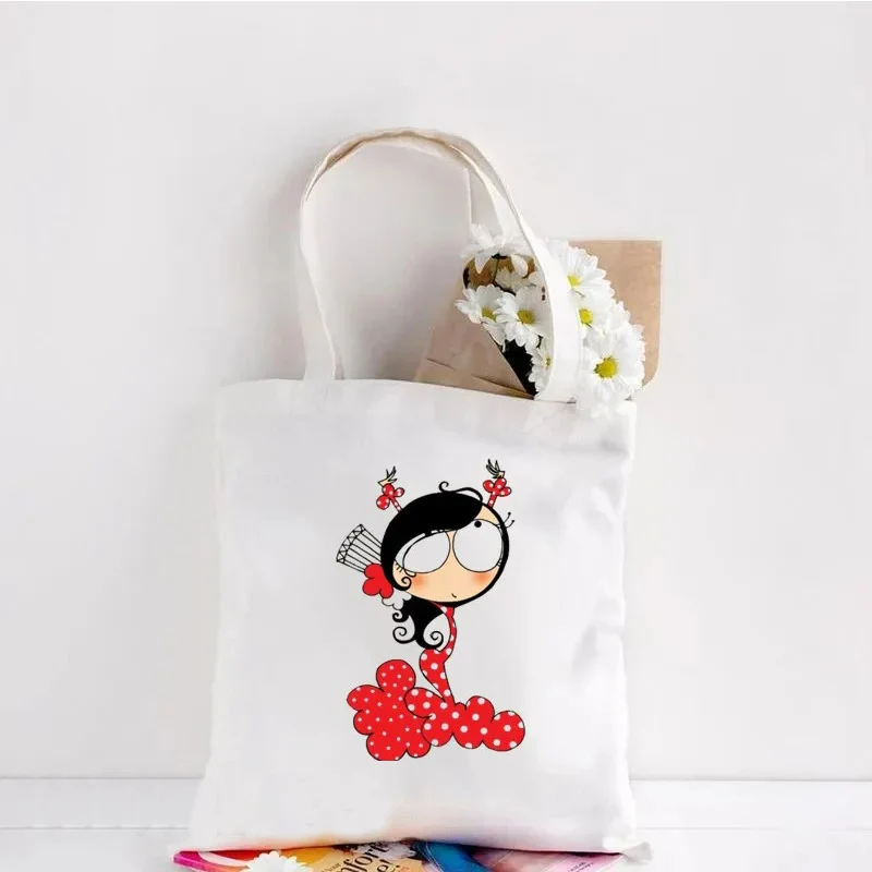 Flamenco Print Canvas Tote Bags Harajuku Reusable Women Shoulder Handbag Large Capacity Shopping Bag Causal Girl  Handbags Gifts 3