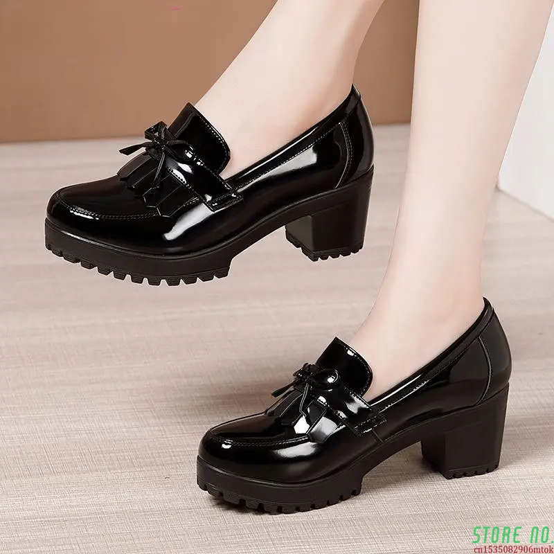 

Size 33-43 Women Pumps Bowknot Slip On Tassels Thick Heels Fashion Vintage Women Shoes For Party Leather Footwear