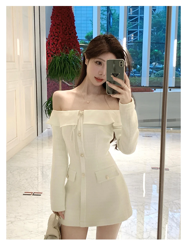Elegant Tweed Slash Neck Short Dresses for Women Long Sleeve Slim Waist Birthday Party Dress Korean Fashion Vestidos Mujer