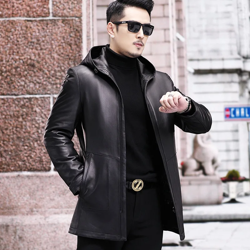 

Men's Hooded Leather Jackets, Motorcycle Sheepskin Down Coat, Handsome Short Jacket, Spring and Autumn Coats