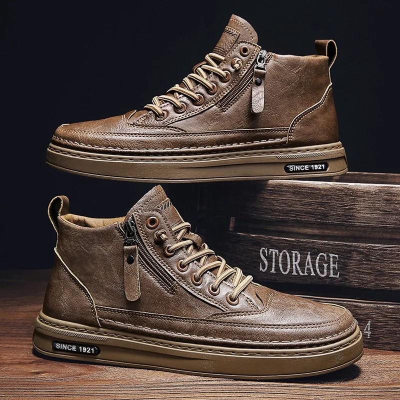 

Leather Boots Men Spring High Casual Shoes for Men Trend Zipper Walk Flats Winter Shoes Vulcanized Ankle Boots New Zapatillas