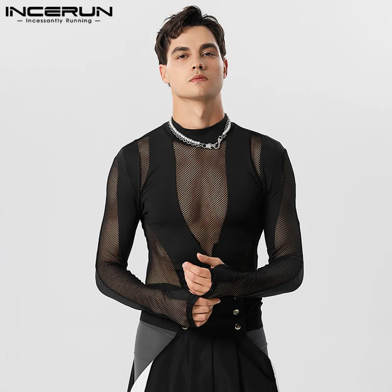 Men Bodysuits INCERUN Men Bodysuits Mesh Patchwork Transparent Turtleneck Long Sleeve Sexy Rompers T Shirt Men Fitness Party Bodysuits