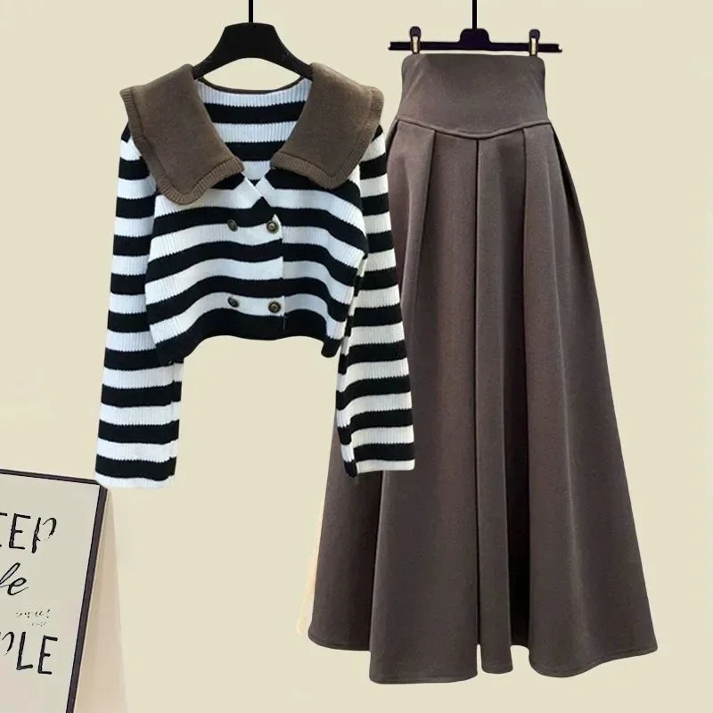 Large Size Women's Winter New Dress Set Korean Fashion Striped Knitted Cardigan Sweater +High Waist Half Skirt Two Piece Set