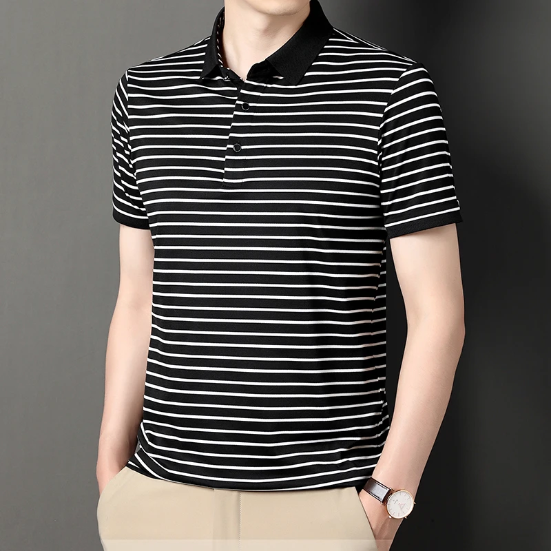 Sophisticated summer polo shirt for men featuring classic collar and pinstripe detailing.