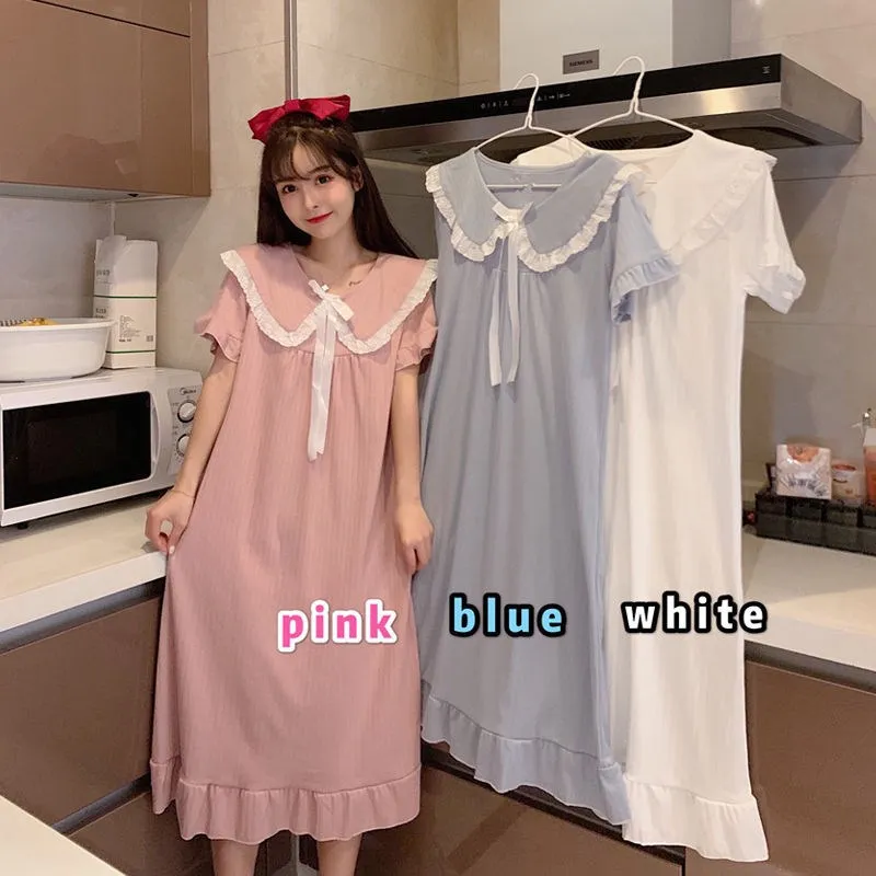 Women Nightgowns XXXL Cute Bow Sleepwear Soft Casual Nightwear Solid Ruffles Sleep Dress Lingerie Gown Robe Homedress Nightdress