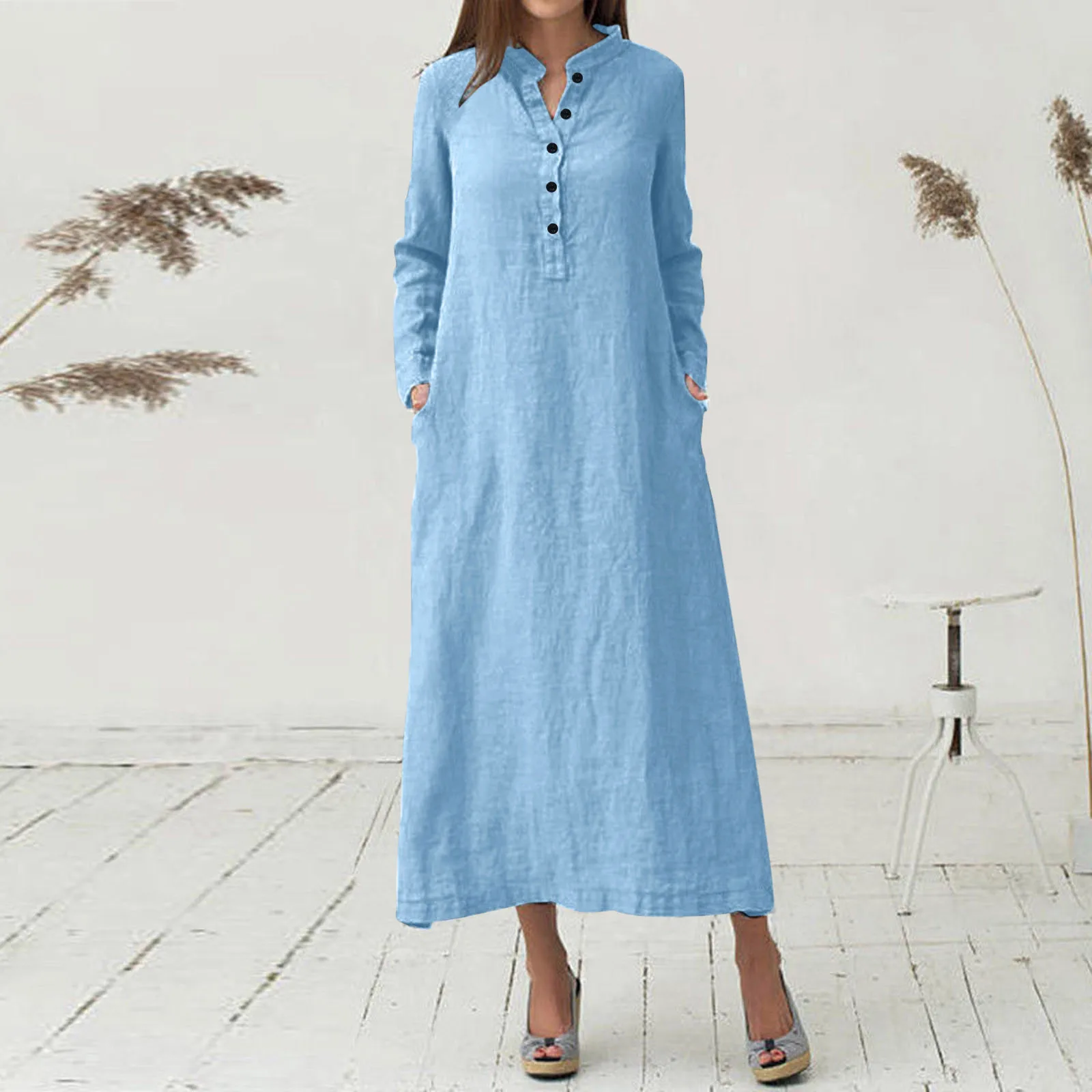 

Женское винтажное платье из хлопка и льна, элегантное однотонное платье с V-образным вырезом и длинным рукавом, повседневный Свободный Длинный Сарафан, лето 2023
